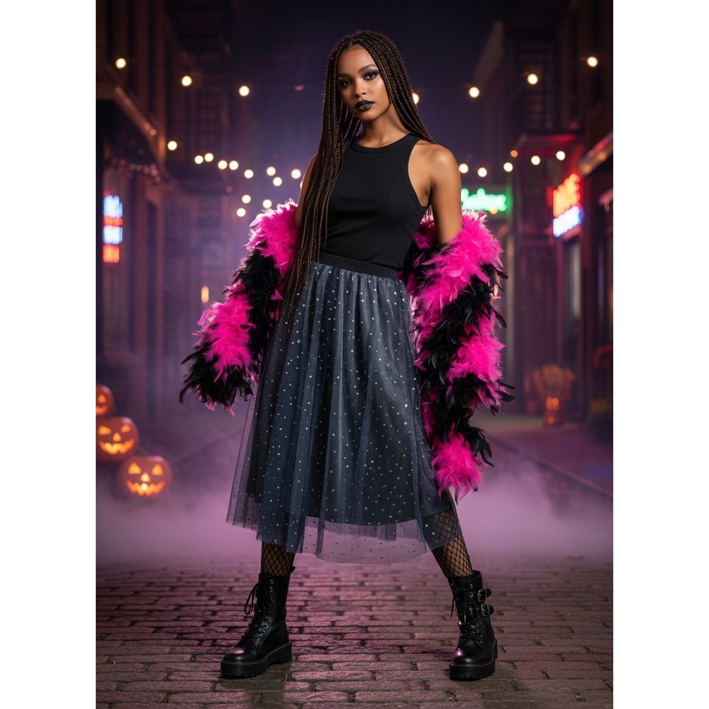 S. Deer Tulle Skirt & Boa Set Large Black Pink Celestial Goth Witchy Fairycore